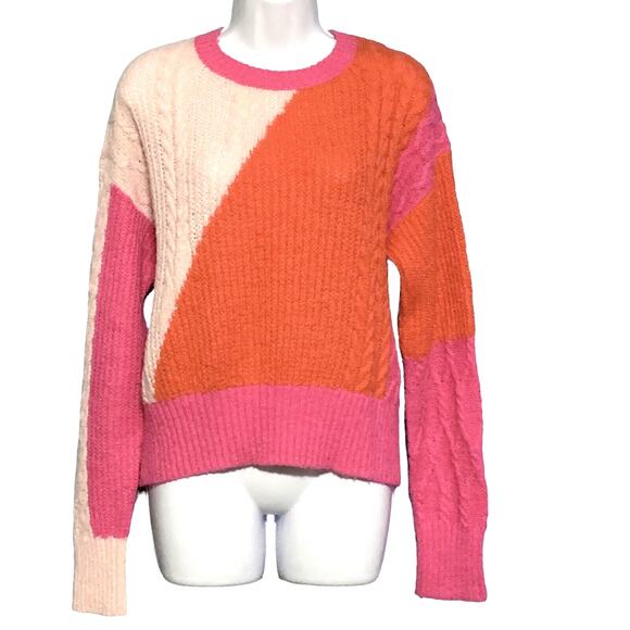 French Connection Madelyn Sweater Size Medium Colorful Pink Orange Cable Knit - Picture 2 of 6
